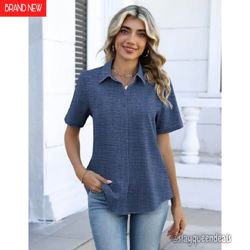 Short Sleeve Button Down Blouse - Soft Stretch Fa… - image 6